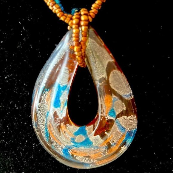 Brown and Turquoise Seed Beaded Necklace with Abstract Glass Loop Pendant - Picture 3 of 5